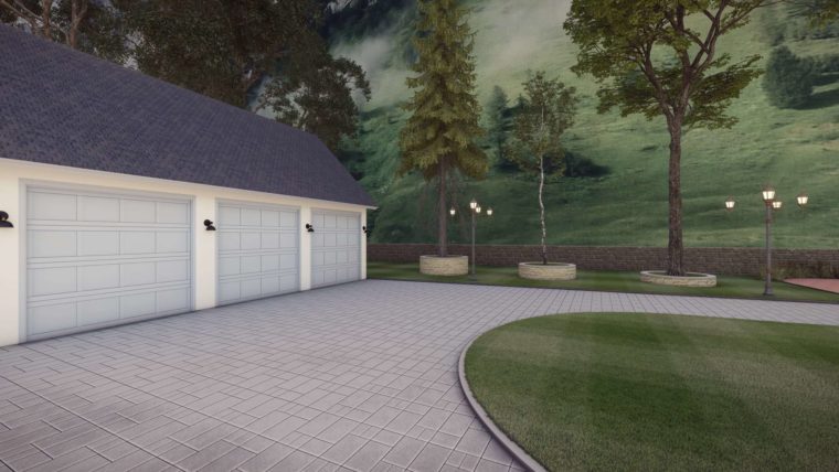 House with garages and landscaping with grass