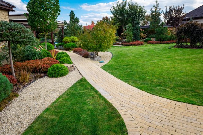 Landscaping in front yard with a path