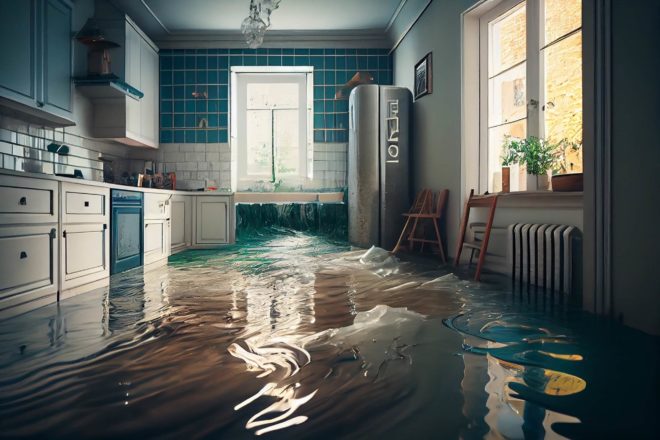 interior living room flooded with water
